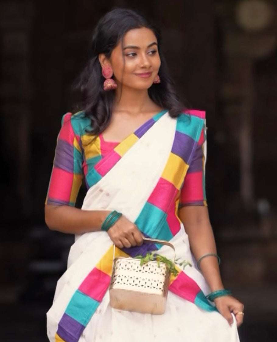 Cream Banarasi Silk Half-Saree Buttas Skirt, Contrast Madras Checked Blouse, and a Matching Dhavani