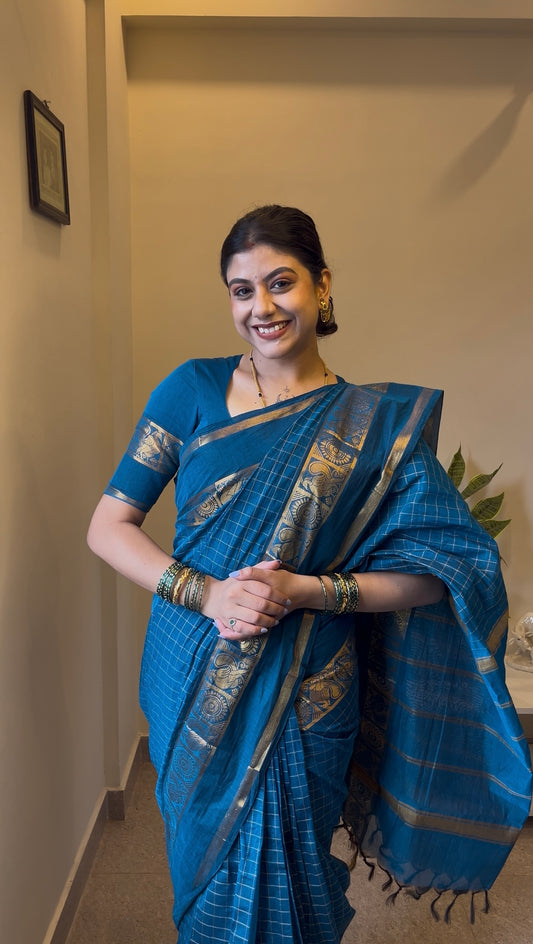 Deep Blue Checked Chettinad Cotton Saree, a Traditional Rettai Pettu Border, Striped Pallu, a Matching Blouse