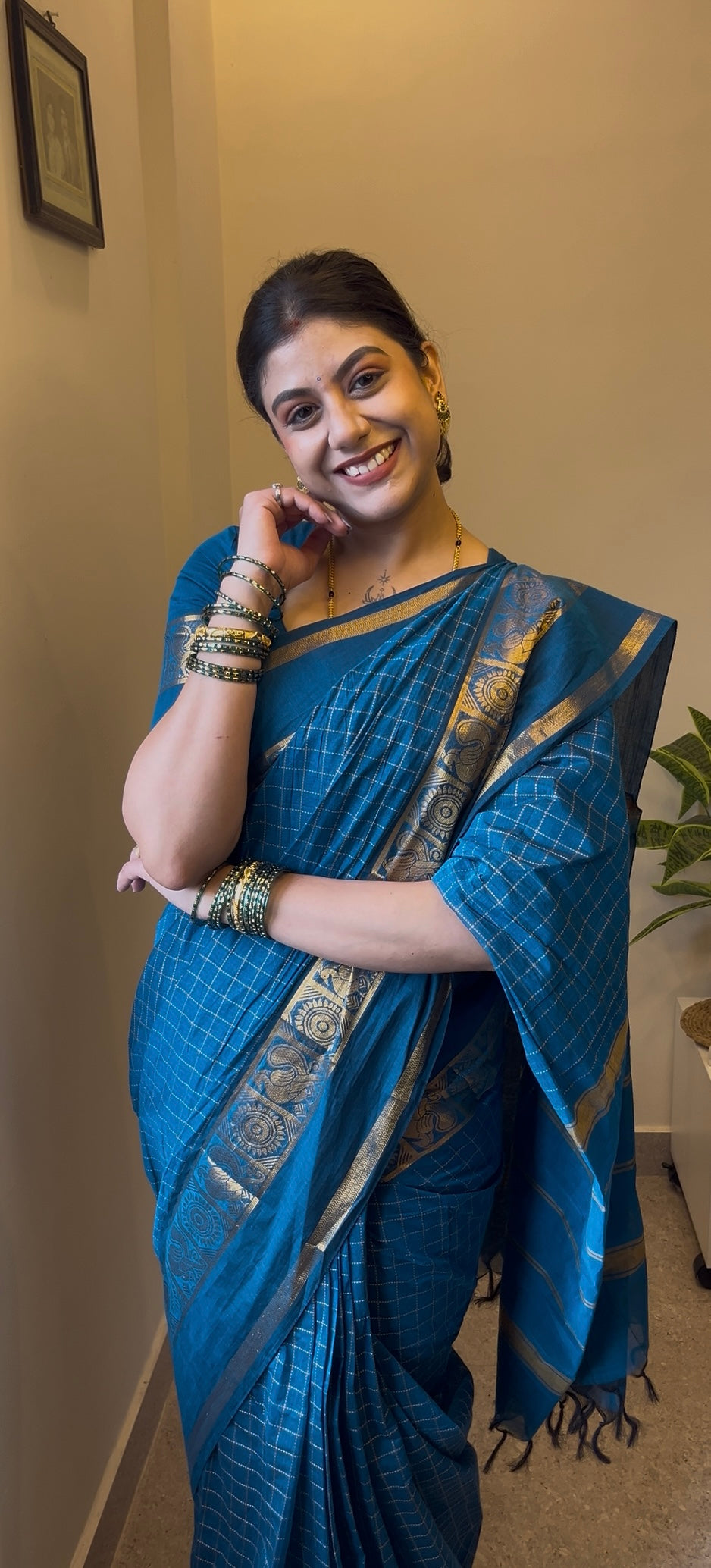 Deep Blue Checked Chettinad Cotton Saree, a Traditional Rettai Pettu Border, Striped Pallu, a Matching Blouse
