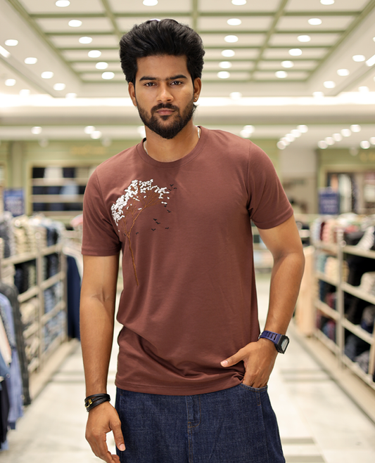 Maroon Cotton-Blended T-Shirt Comes with Tree-Bird Motifs Embroidery, Half-Sleeves, a Crew Neck, a Slim Fit, and Regular Length