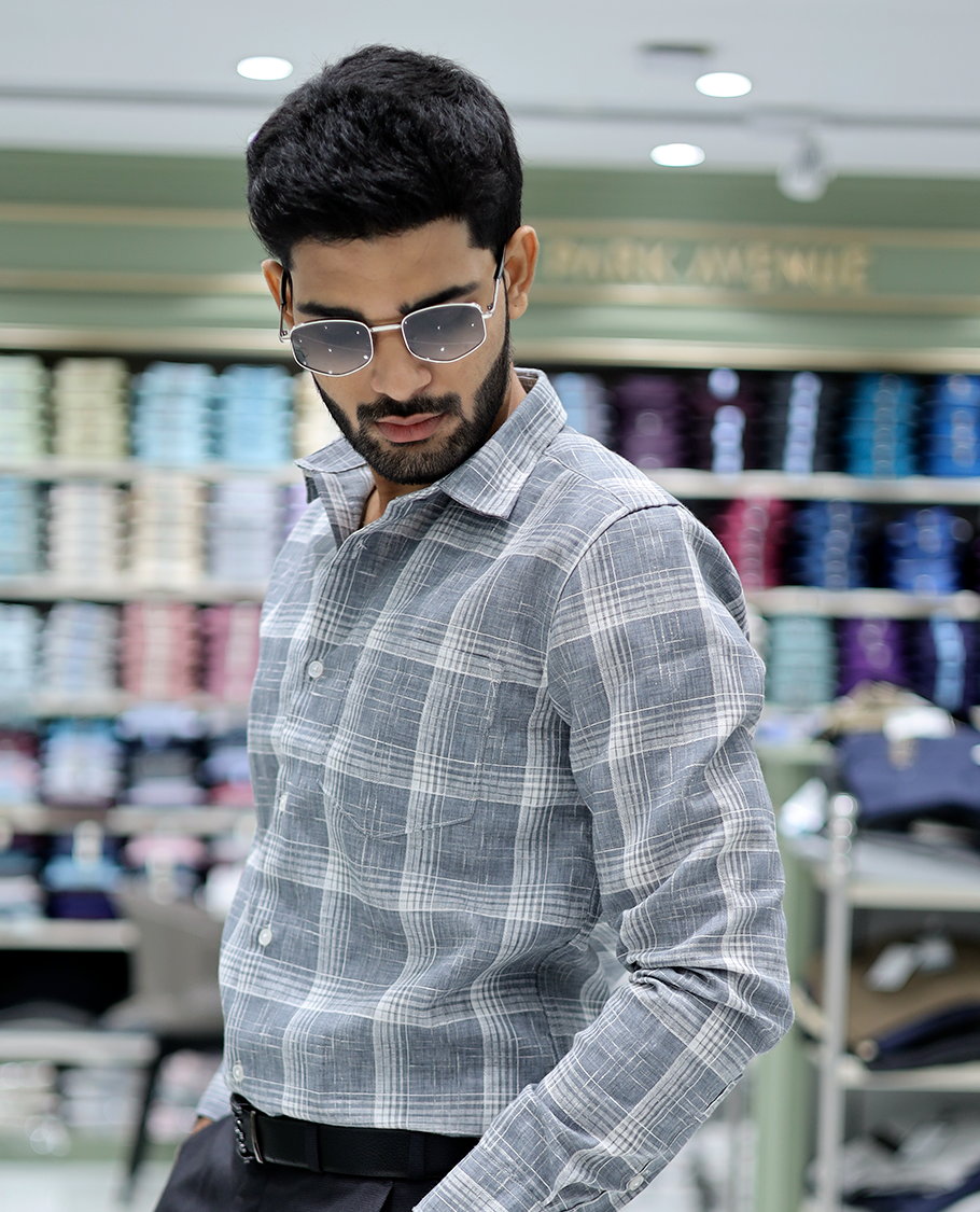 Grey Checked Cotton Casual Shirt