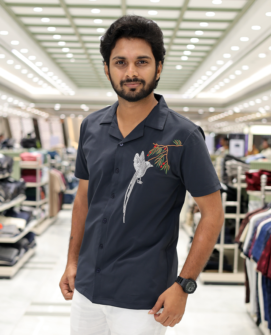 Grey Cotton-Blended Casual Shirt Comes with Humming Bird Motifs, Knitted Embroidery, Cuban Collar, Half Sleeves, Boxy Fit, and Regular Length