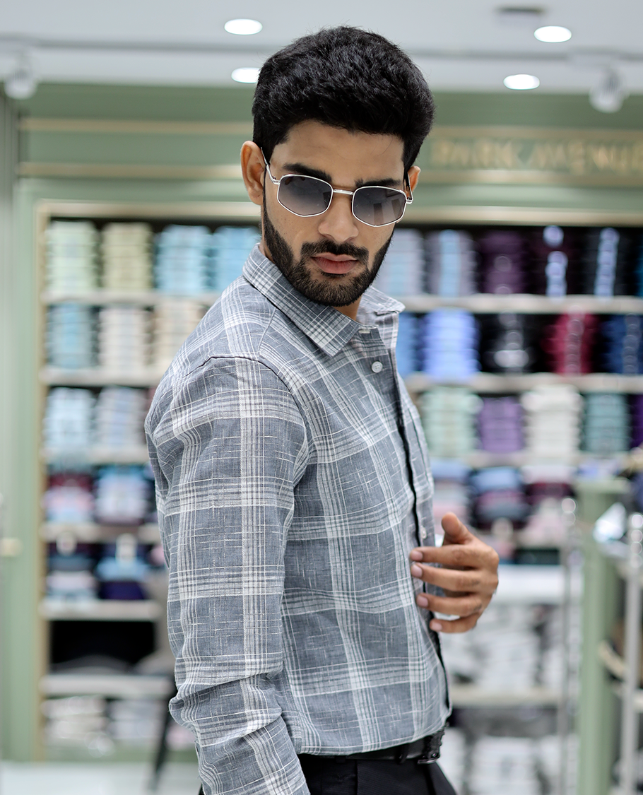 Grey Checked Cotton Casual Shirt