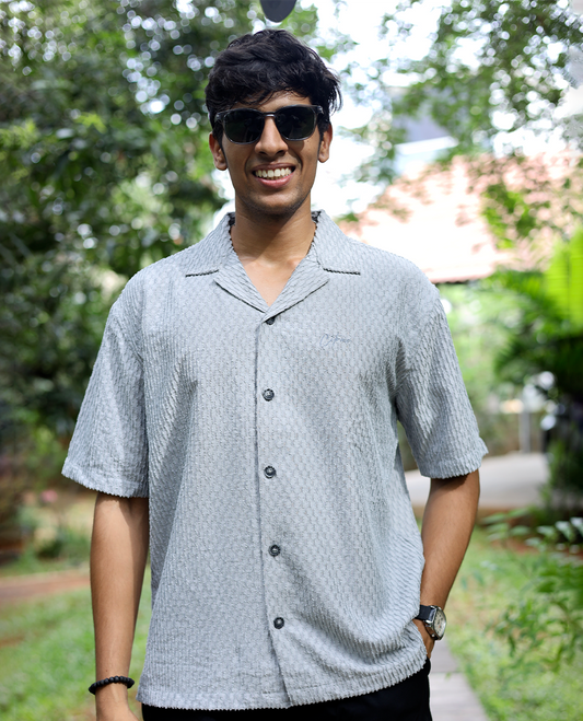 Dark Grey Textured Cotton-Blended Casual Shirt Features Half Sleeves, a Regular Fit, a Cuban Collar, and Regular Length