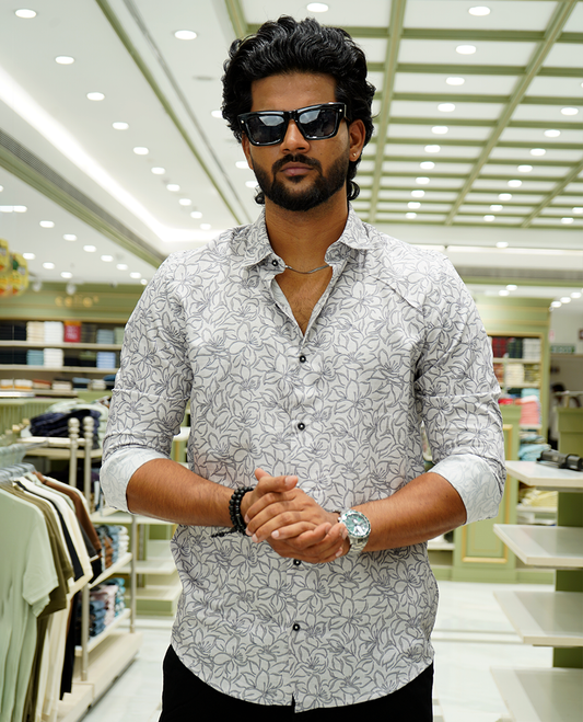 Grey Cotton-Blended Casual Shirt, Steeped with Flower Print, a Spread Collar, Full Sleeves, a Slim Fit, and Regular Length