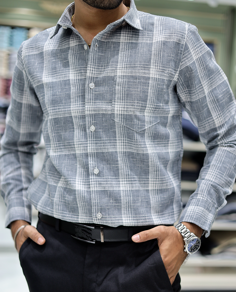 Grey Checked Cotton Casual Shirt