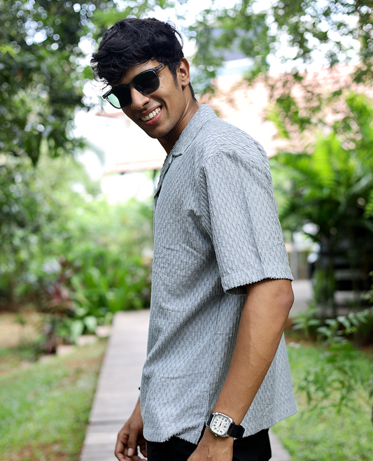 Dark Grey Textured Cotton-Blended Casual Shirt Features Half Sleeves, a Regular Fit, a Cuban Collar, and Regular Length