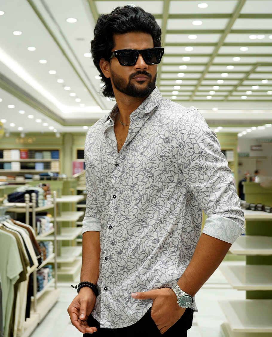Grey Cotton-Blended Casual Shirt, Steeped with Flower Print, a Spread Collar, Full Sleeves, a Slim Fit, and Regular Length