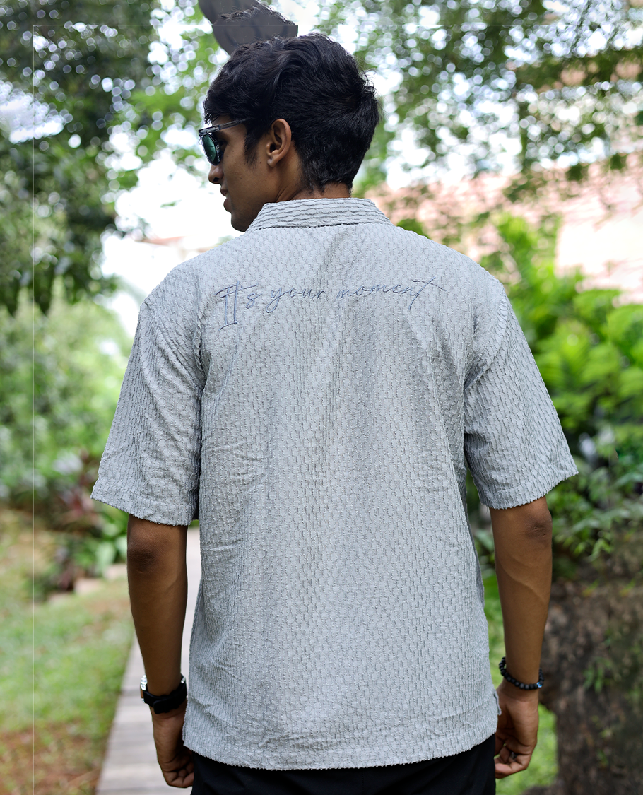 Dark Grey Textured Cotton-Blended Casual Shirt Features Half Sleeves, a Regular Fit, a Cuban Collar, and Regular Length