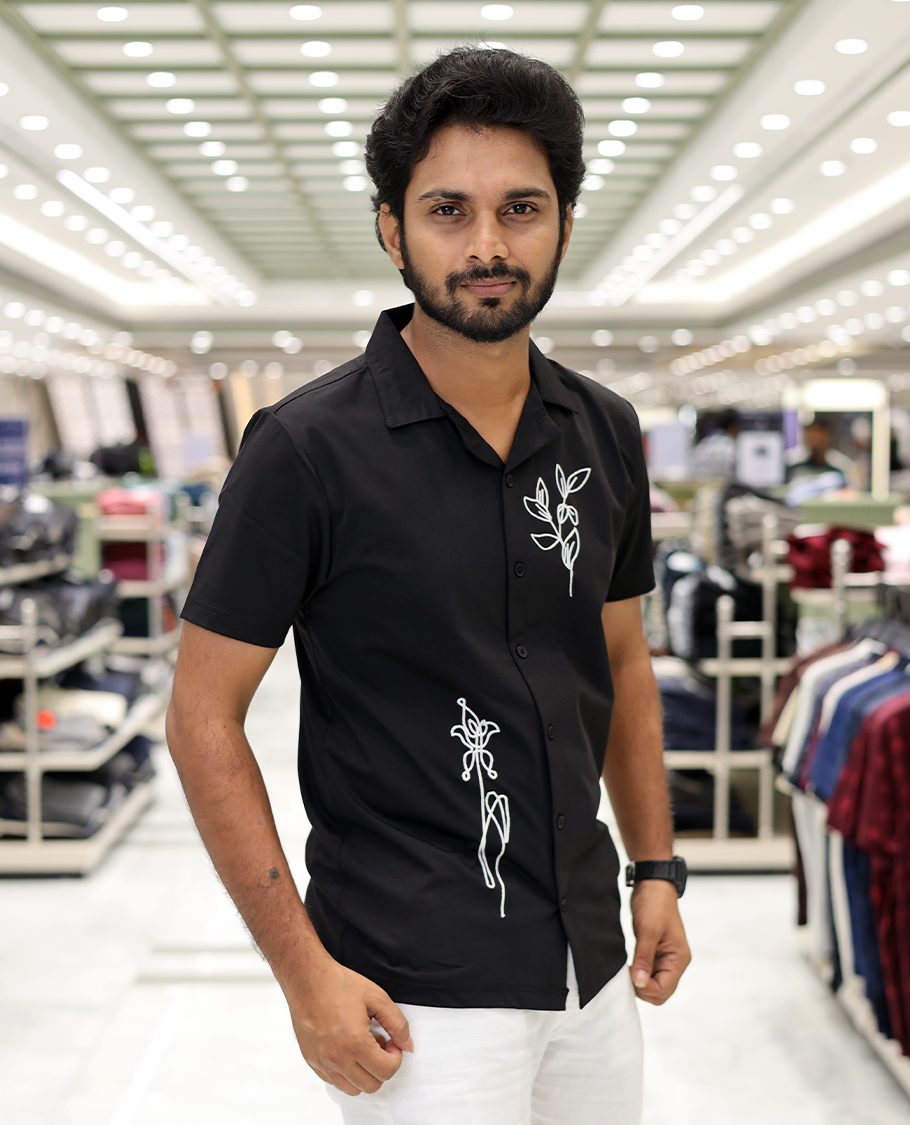 Black Cotton-Blended Casual Shirt Comes with Leaf Motifs Outline Knitted Embroidery, Cuban Collar, Half Sleeves, Boxy Fit, and Regular Length
