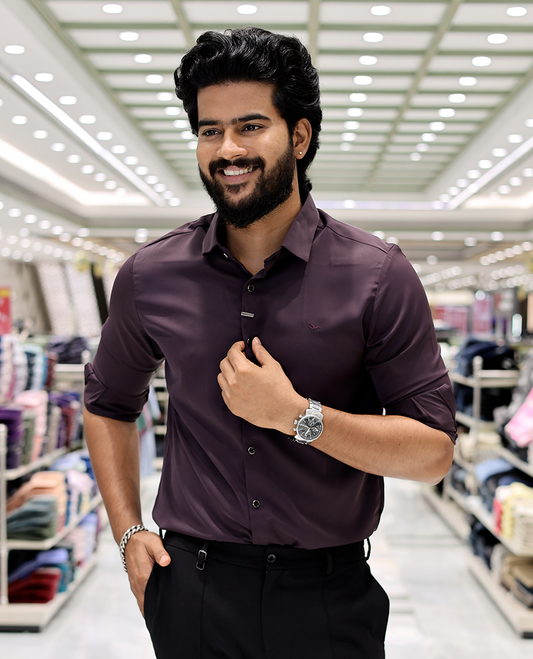 Burgundy Solid Poly-Blended Formal Shirt Features Full Sleeves, a Slim Fit, a Spread Collar, and Regular Length