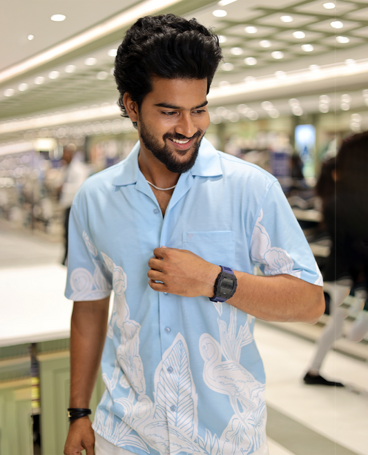 Blue Cotton-Blended Casual Shirt, Adorned with a Floral-Swan Print, Half-Sleeves, Spread Collar, Regular Fit, and Regular Length 