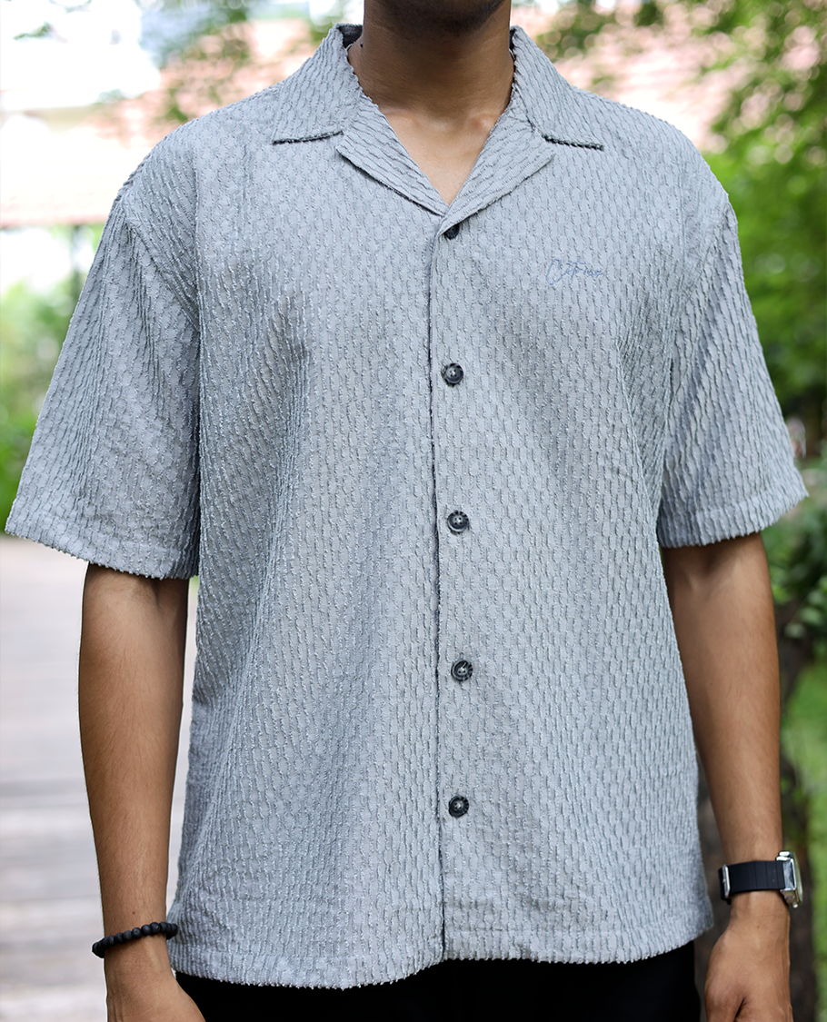 Dark Grey Textured Cotton-Blended Casual Shirt Features Half Sleeves, a Regular Fit, a Cuban Collar, and Regular Length