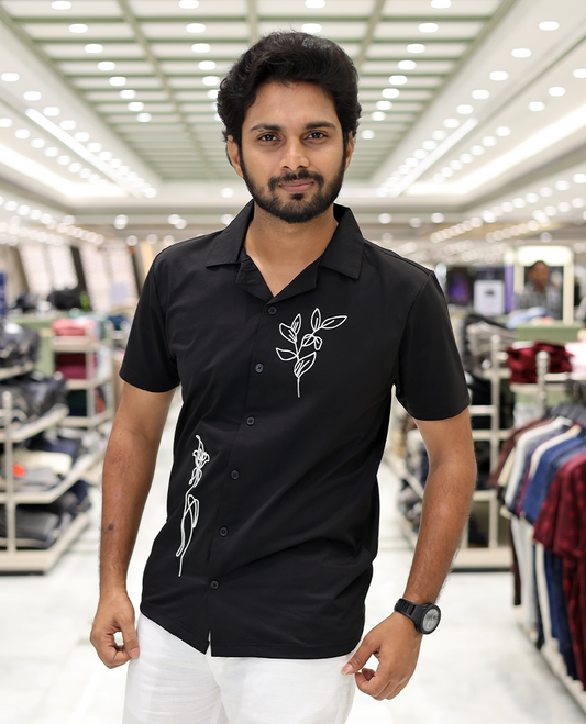 Black Cotton-Blended Casual Shirt Comes with Leaf Motifs Outline Knitted Embroidery, Cuban Collar, Half Sleeves, Boxy Fit, and Regular Length