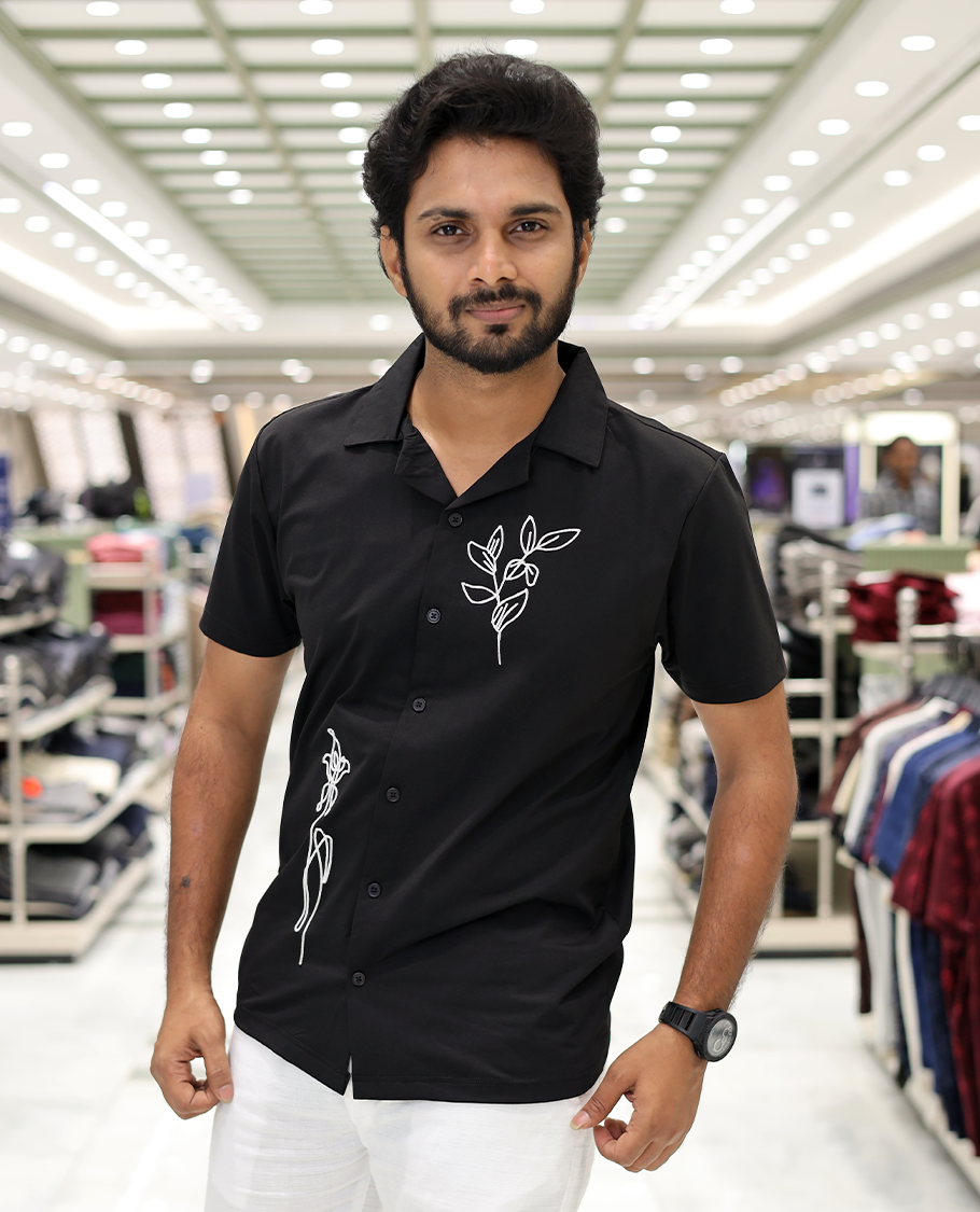Black Cotton-Blended Casual Shirt Comes with Leaf Motifs Outline Knitted Embroidery, Cuban Collar, Half Sleeves, Boxy Fit, and Regular Length
