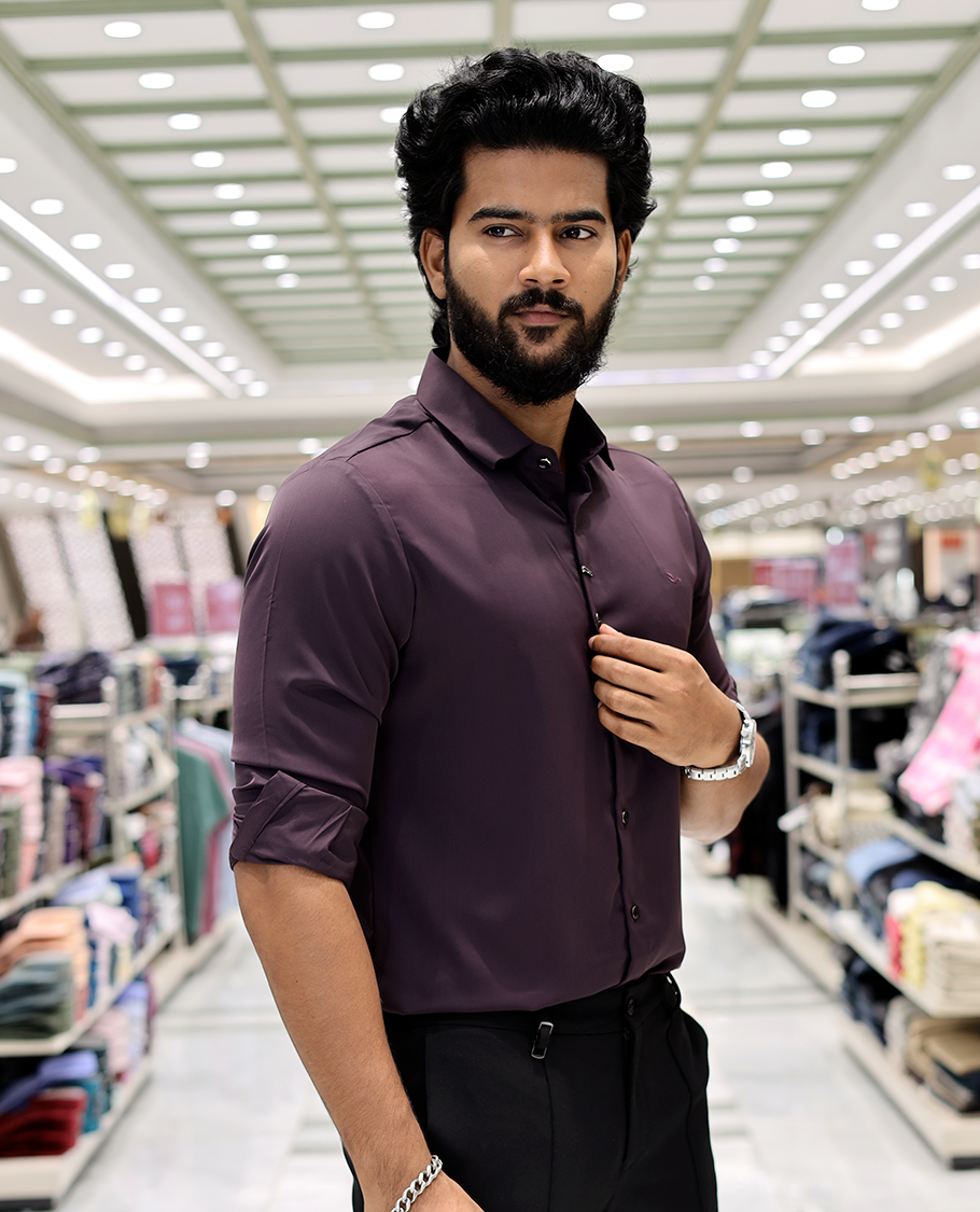 Burgundy Solid Poly-Blended Formal Shirt Features Full Sleeves, a Slim Fit, a Spread Collar, and Regular Length