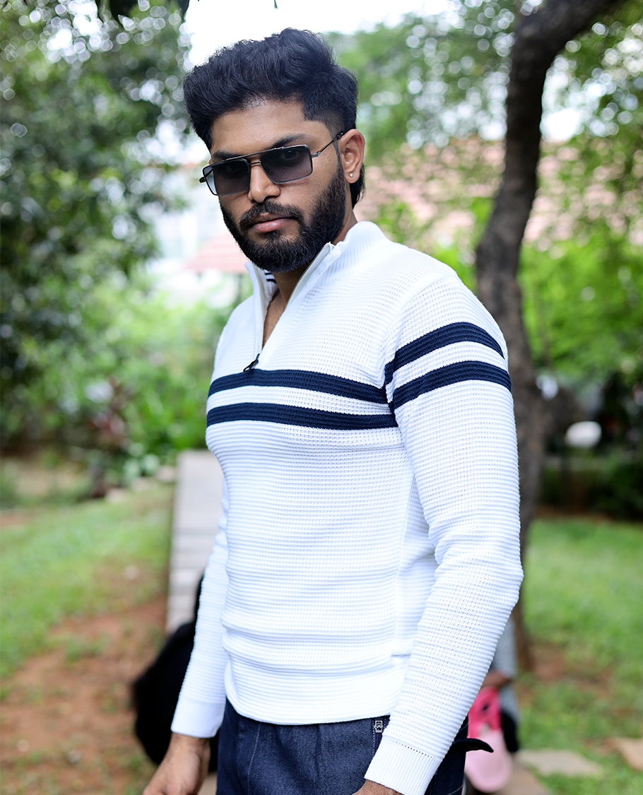 White Striped Cotton-Blended T-Shirt Features Full Sleeves, a Slim Fit, a High Crew Neck, and a Regular Length