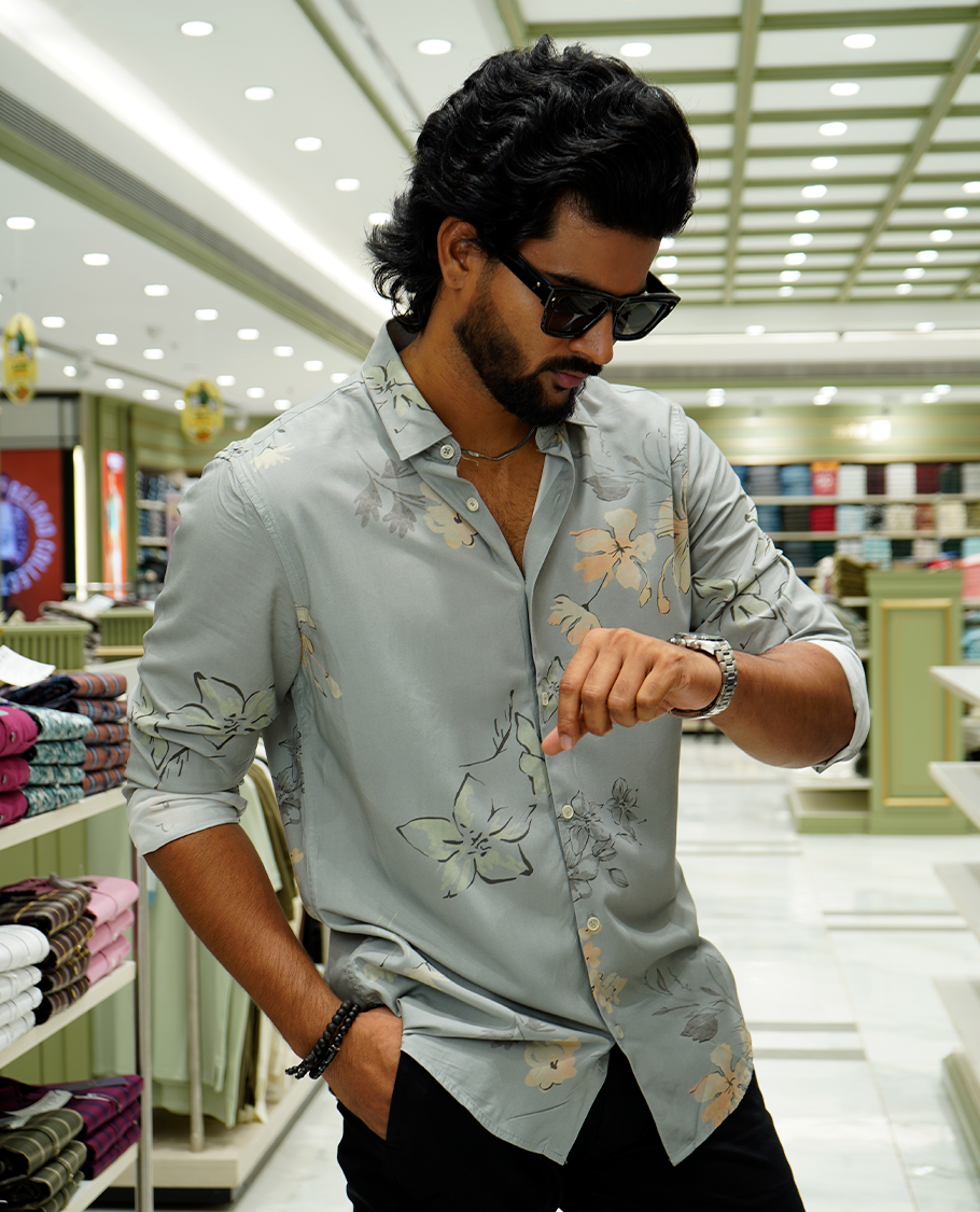 Grey Cotton-Blended Casual Shirt Features Tropical Floral Print, a Spread Collar, Full Sleeves, a Slim Fit, and Regular Length