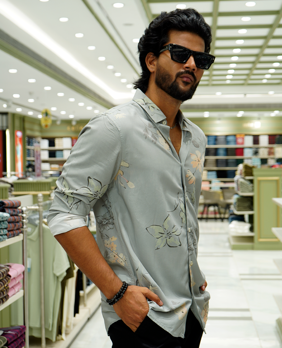 Grey Cotton-Blended Casual Shirt Features Tropical Floral Print, a Spread Collar, Full Sleeves, a Slim Fit, and Regular Length