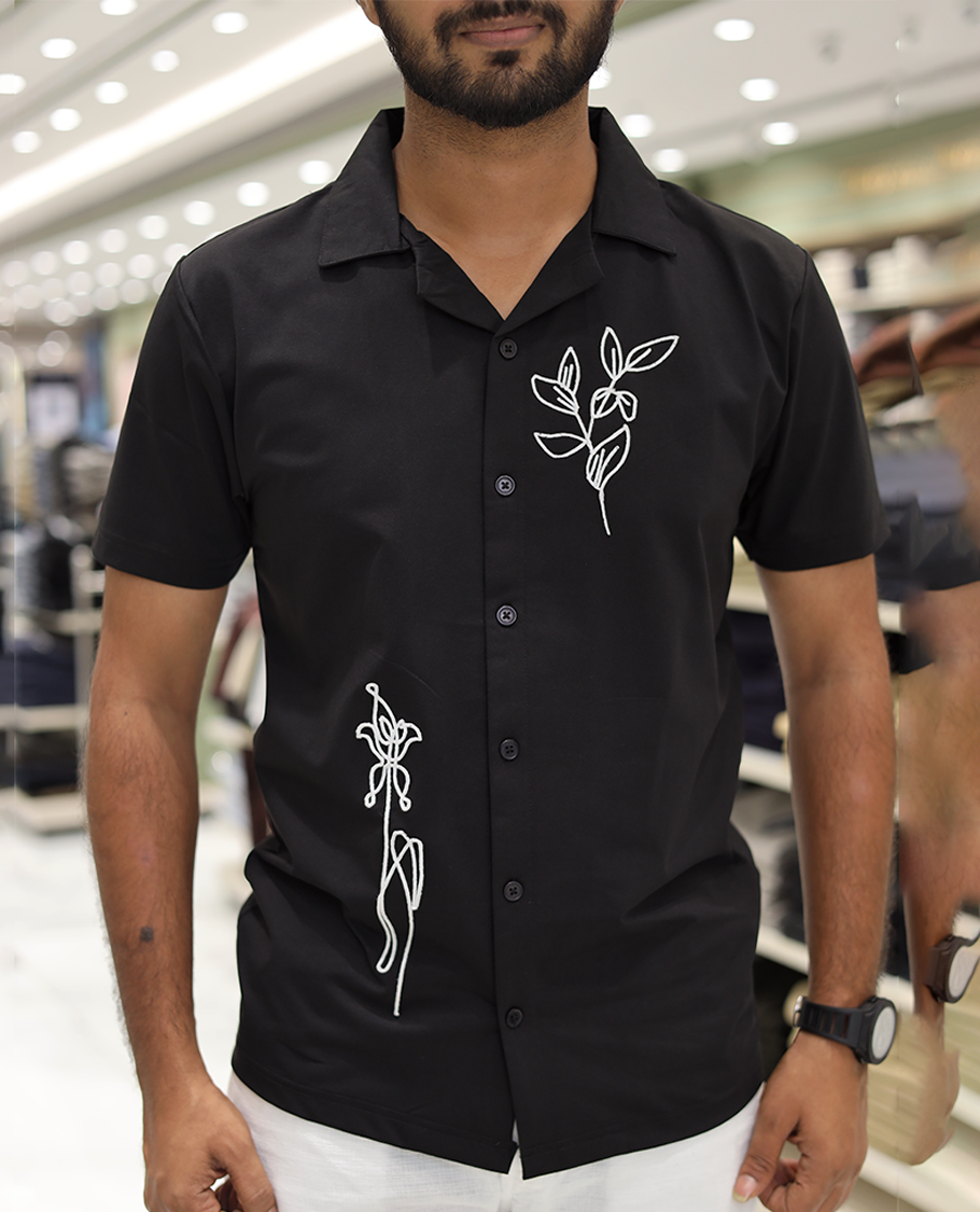 Black Cotton-Blended Casual Shirt Comes with Leaf Motifs Outline Knitted Embroidery, Cuban Collar, Half Sleeves, Boxy Fit, and Regular Length