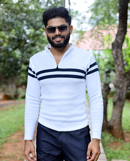 White Striped Cotton-Blended T-Shirt Features Full Sleeves, a Slim Fit, a High Crew Neck, and a Regular Length
