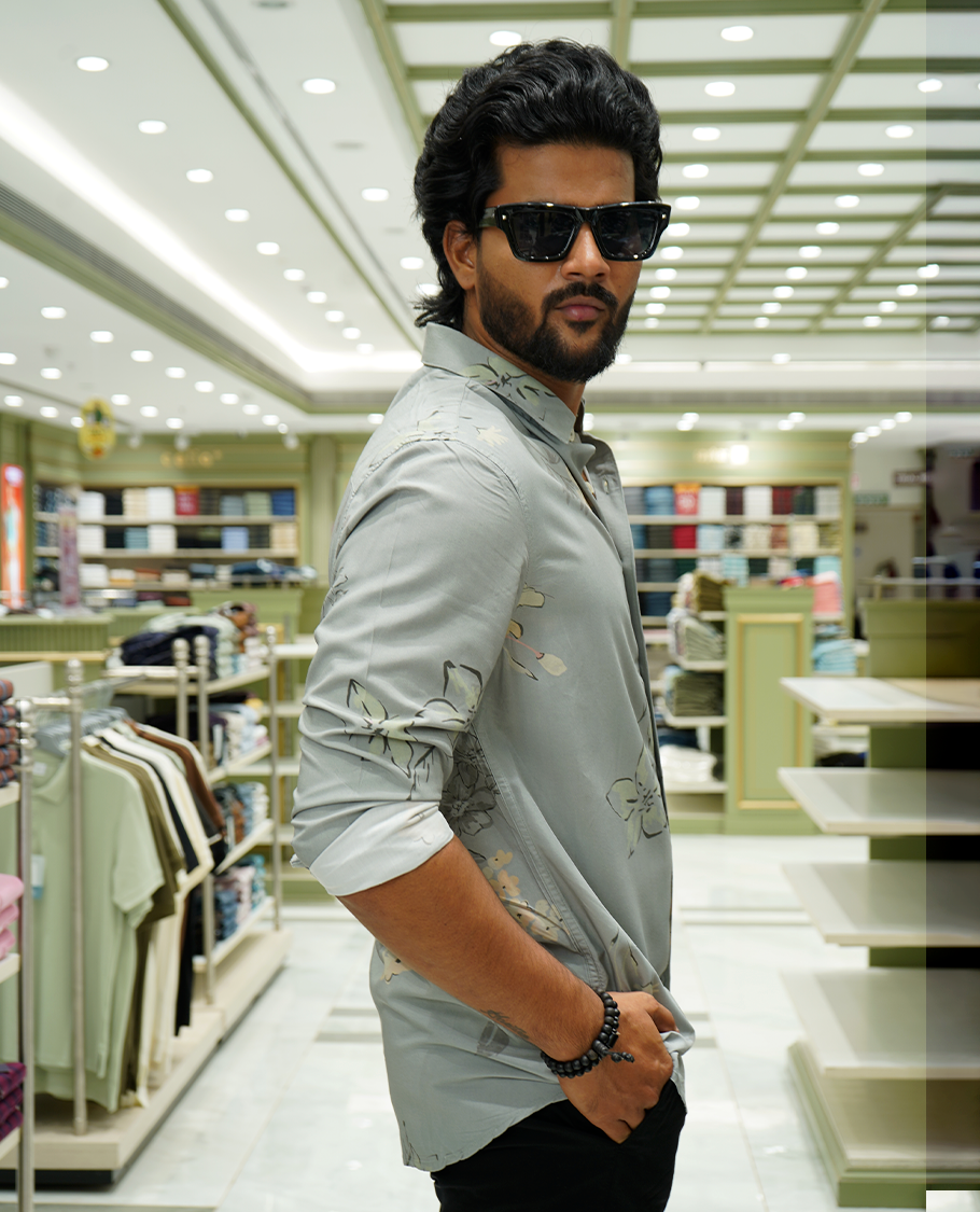 Grey Cotton-Blended Casual Shirt Features Tropical Floral Print, a Spread Collar, Full Sleeves, a Slim Fit, and Regular Length