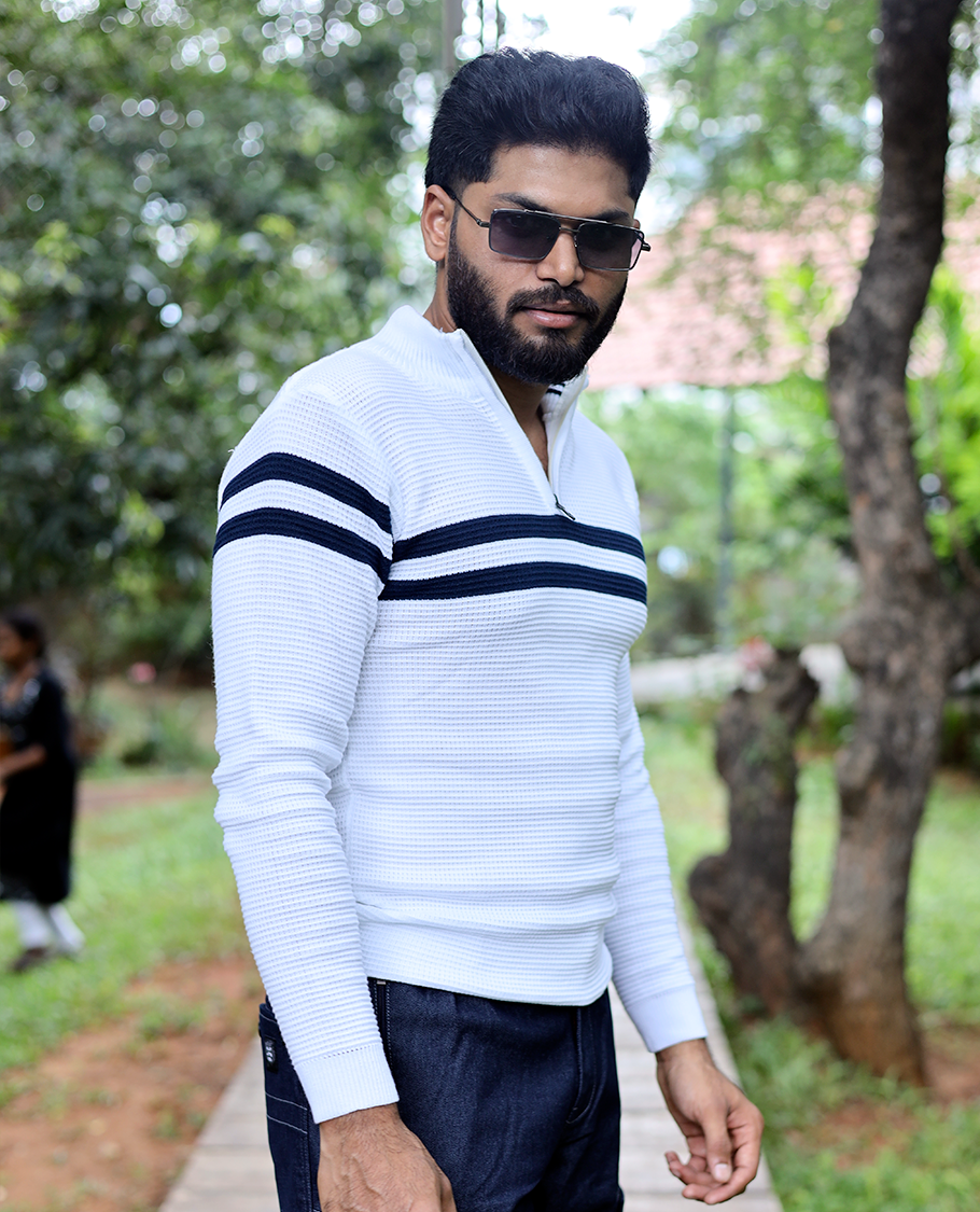 White Striped Cotton-Blended T-Shirt Features Full Sleeves, a Slim Fit, a High Crew Neck, and a Regular Length