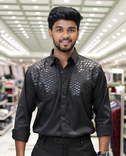 Black Poly-Blended Party Wear Shirt, Features Geometric Flock Print, Full Sleeves, Spread Collar, Slim Fit, and Regular Length 