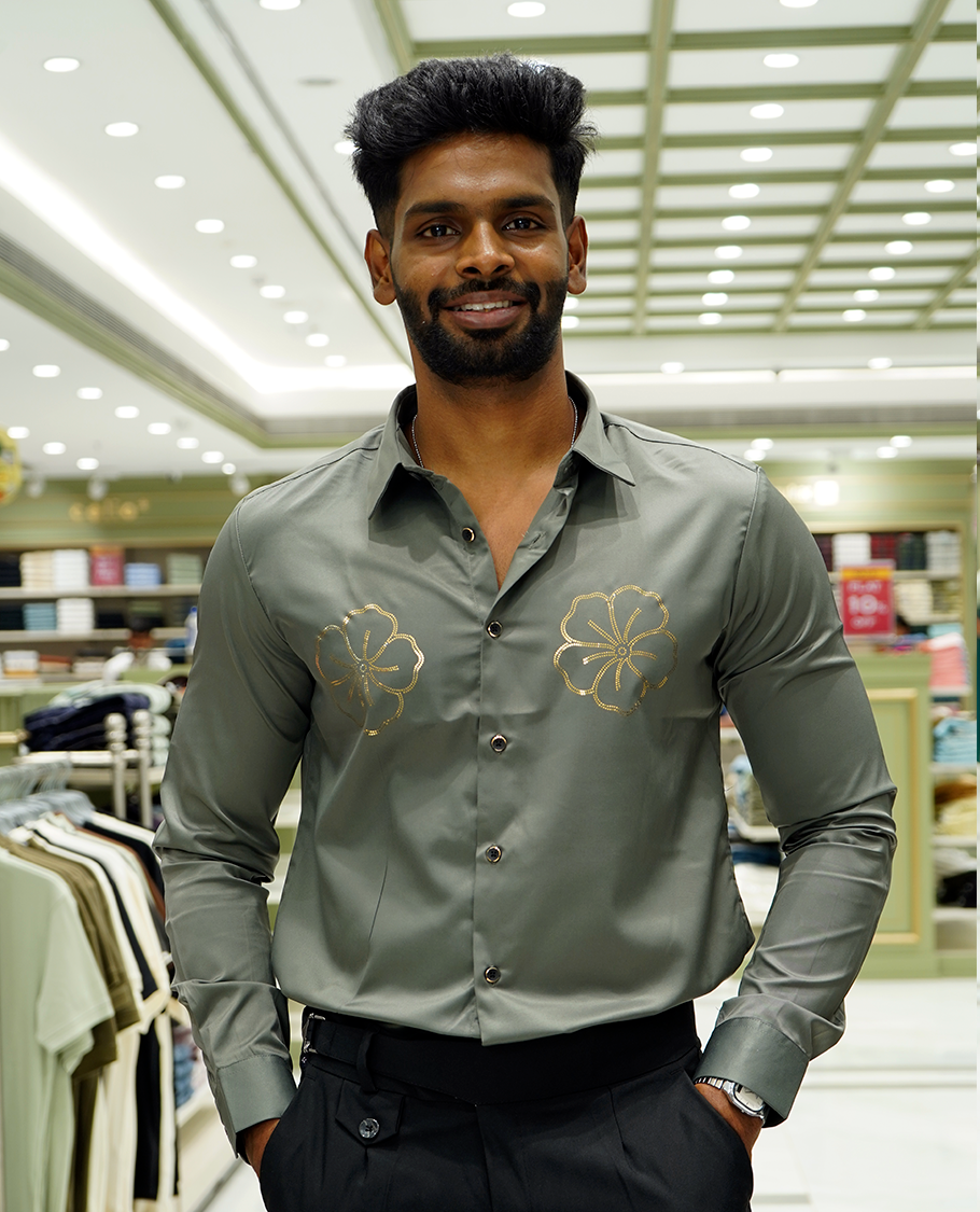 Olive Green Designer Party Wear Shirt Features Flower Work, a Spread Collar, Full Sleeves, a Slim Fit, and Regular Length