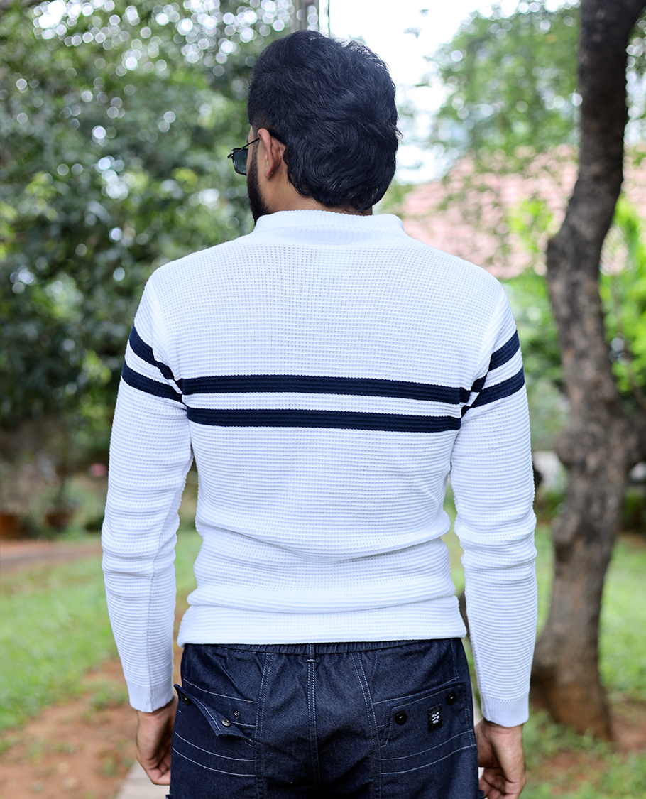 White Striped Cotton-Blended T-Shirt Features Full Sleeves, a Slim Fit, a High Crew Neck, and a Regular Length
