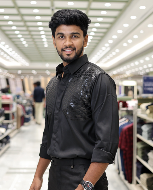 Black Poly-Blended Party Wear Shirt, Features Geometric Flock Print, Full Sleeves, Spread Collar, Slim Fit, and Regular Length 