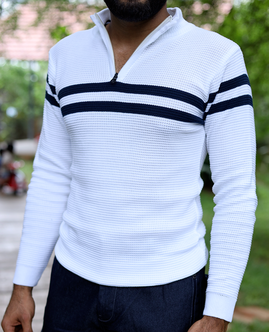 White Striped Cotton-Blended T-Shirt Features Full Sleeves, a Slim Fit, a High Crew Neck, and a Regular Length
