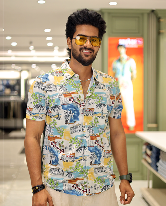 Multi-Color Cotton-Blended Casual Shirt, Showcasing Beach-Themed Print, Half-Sleeves, Spread Collar, Regular Fit, and Regular Length 