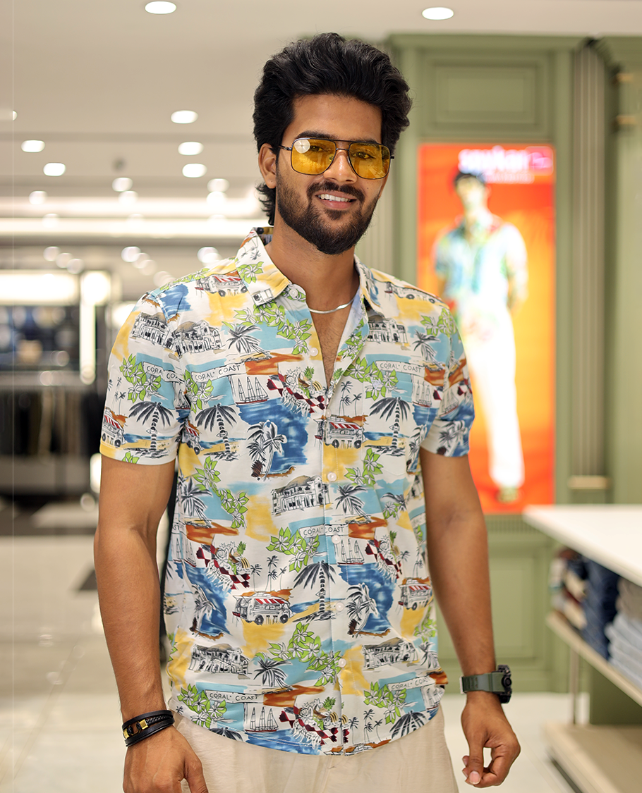 Multi-Color Cotton-Blended Casual Shirt, Showcasing Beach-Themed Print, Half-Sleeves, Spread Collar, Regular Fit, and Regular Length 