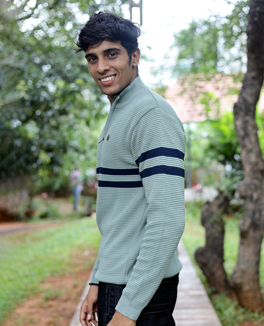 Green Striped Cotton-Blended T-Shirt Features Full Sleeves, a Slim Fit, a High Crew Neck, and a Regular Length