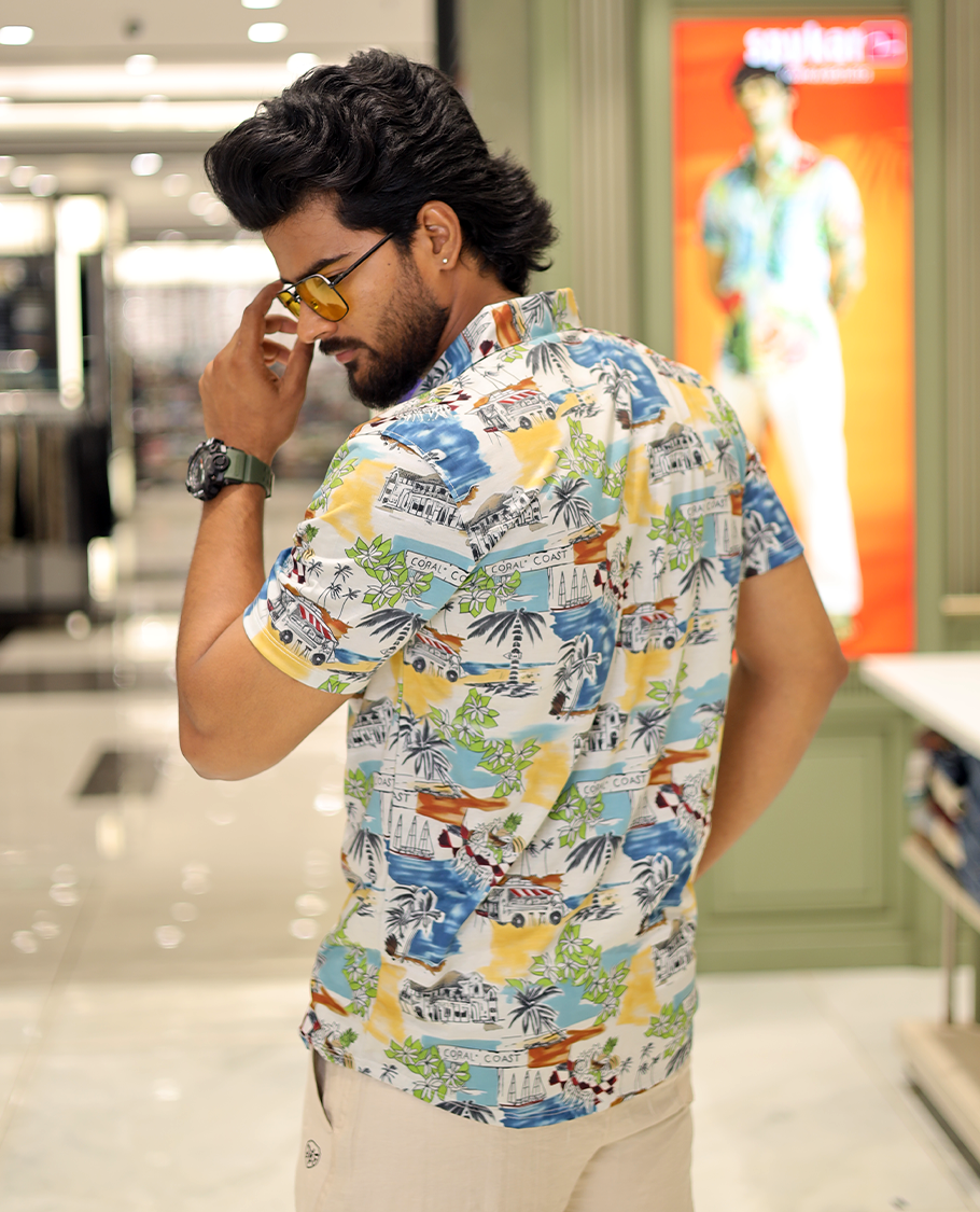 Multi-Color Cotton-Blended Casual Shirt, Showcasing Beach-Themed Print, Half-Sleeves, Spread Collar, Regular Fit, and Regular Length 