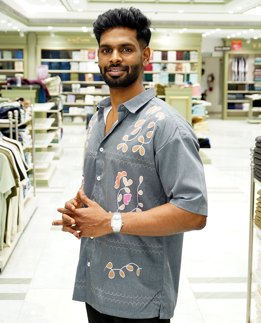 Dark Grey Cotton-Blended Casual Shirt Features Floral Print, Full Sleeves, a Spread Collar, a Slim Fit, and a Regular Length