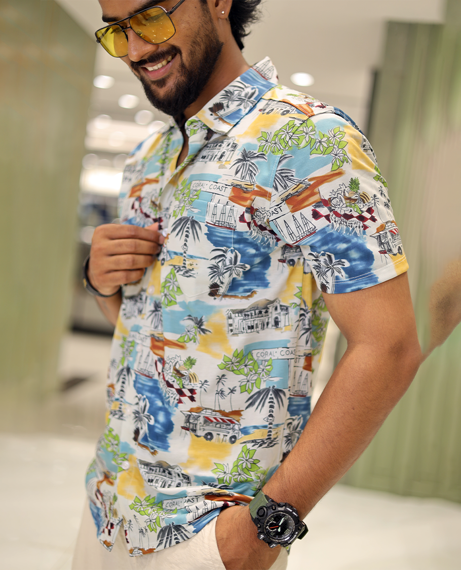 Multi-Color Cotton-Blended Casual Shirt, Showcasing Beach-Themed Print, Half-Sleeves, Spread Collar, Regular Fit, and Regular Length 
