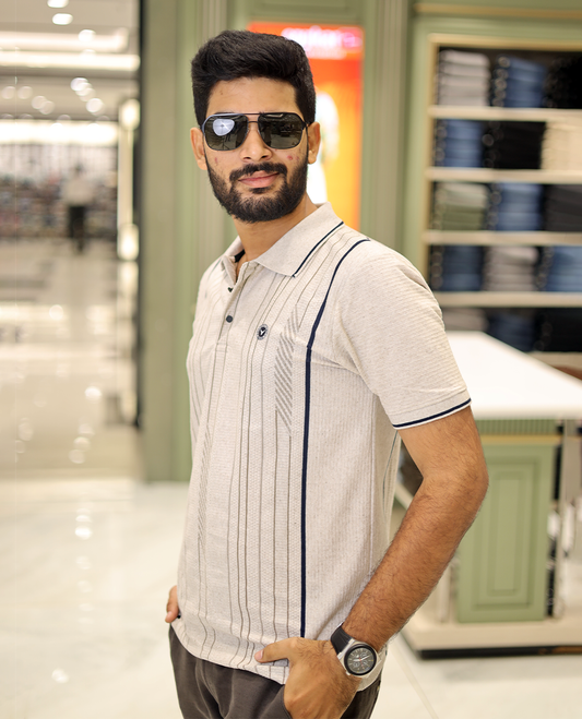 Cream Striped Cotton-Blended T-Shirt Comes with Half-Sleeves, a Polo Neck, a Slim Fit, and Regular Length