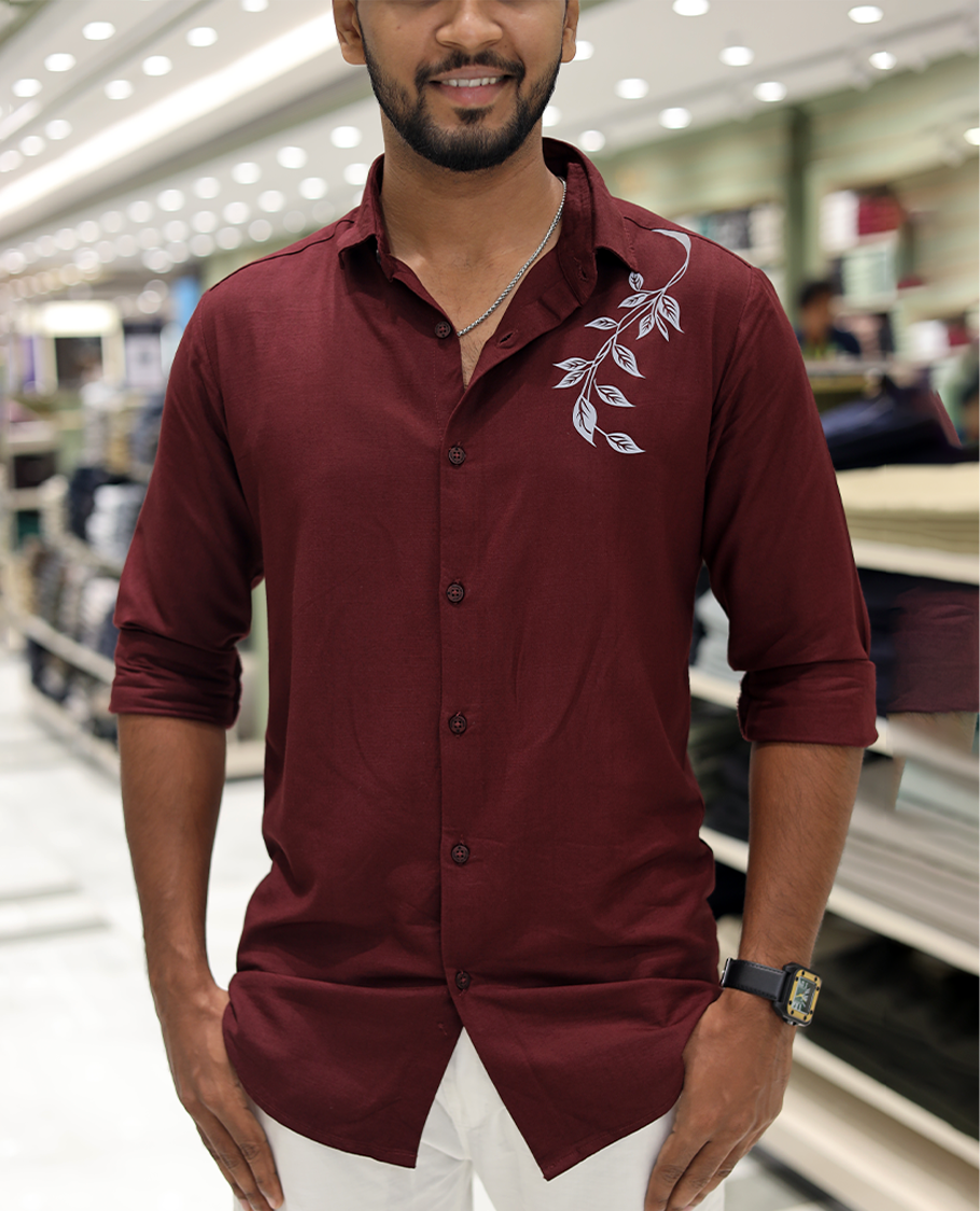 Red Cotton-Blended Party Wear Shirt, Comes with Floral Print, Full Sleeves, a Spread Collar, a Slim Fit, and Regular Length