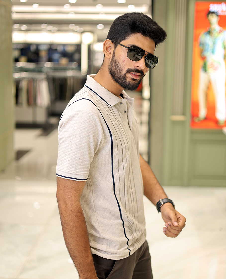 Cream Striped Cotton-Blended T-Shirt Comes with Half-Sleeves, a Polo Neck, a Slim Fit, and Regular Length