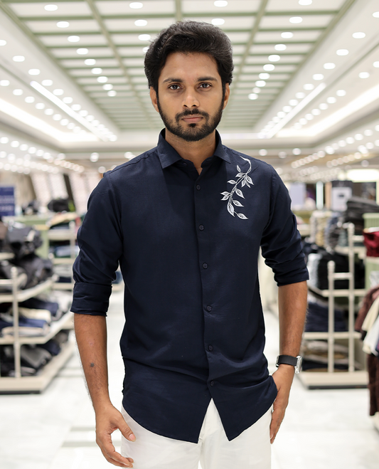 Navy Cotton-Blended Party Wear Shirt, Comes with Floral Print, Full Sleeves, a Spread Collar, a Slim Fit, and Regular Length