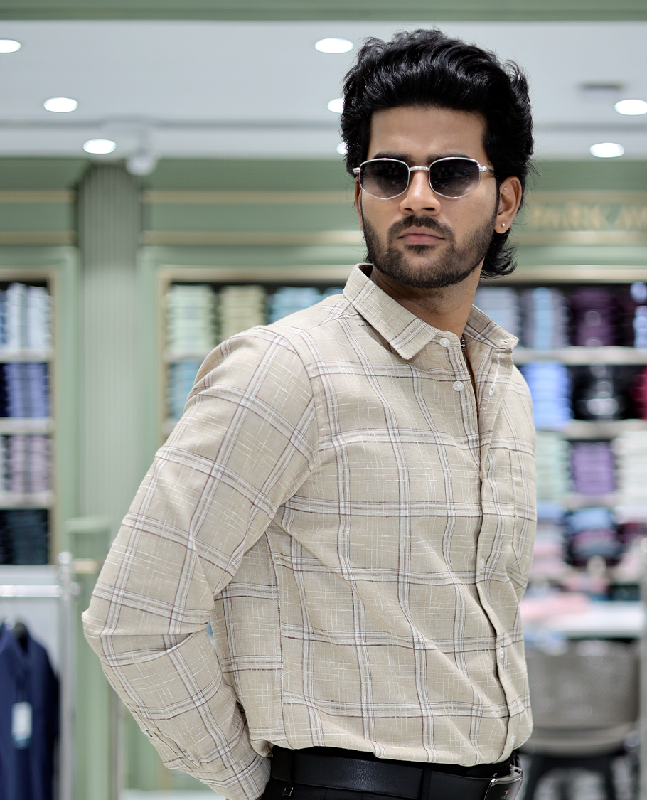 Beige Checked Cotton Casual Shirt