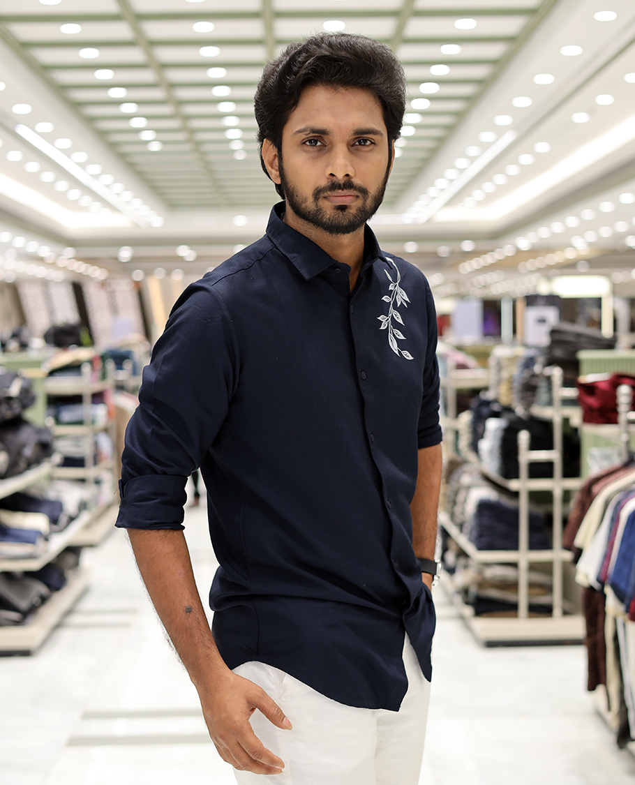 Navy Cotton-Blended Party Wear Shirt, Comes with Floral Print, Full Sleeves, a Spread Collar, a Slim Fit, and Regular Length