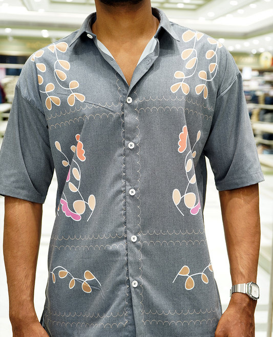 Dark Grey Cotton-Blended Casual Shirt Features Floral Print, Full Sleeves, a Spread Collar, a Slim Fit, and a Regular Length