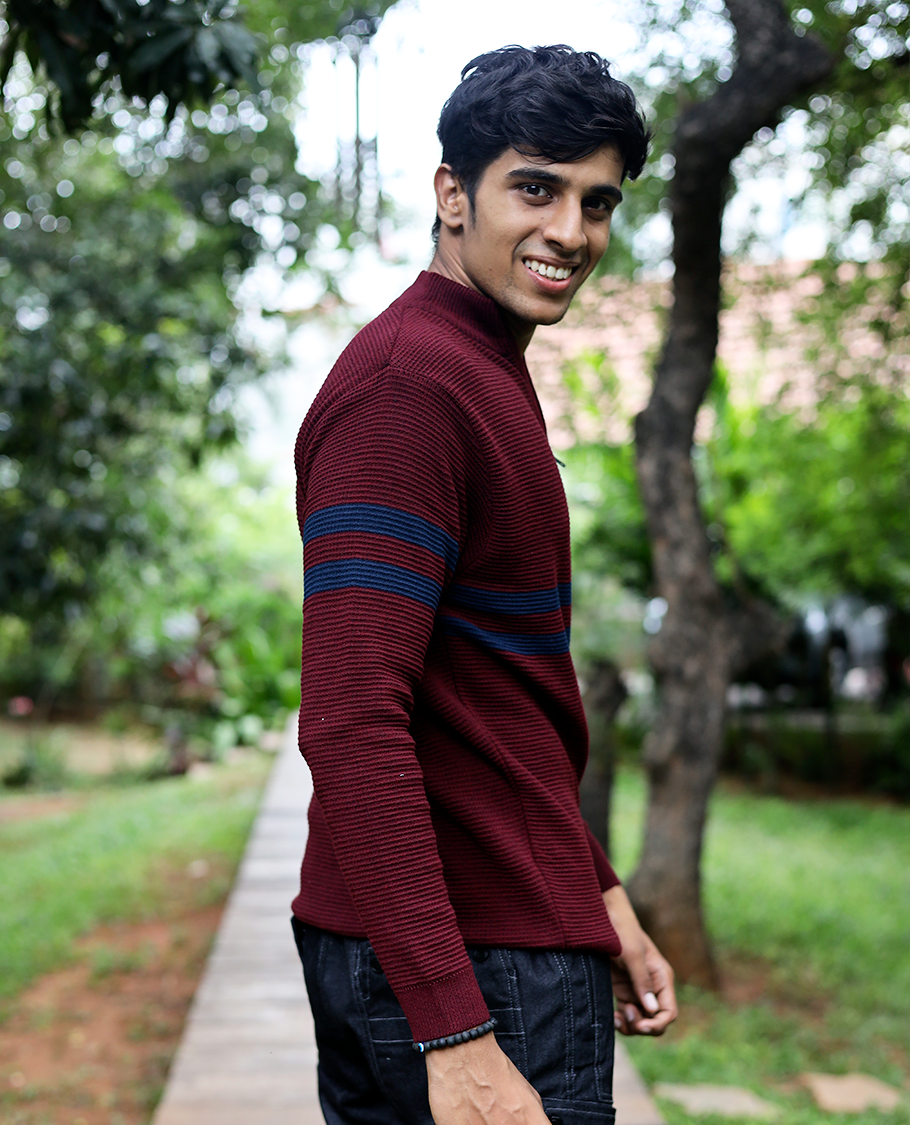 Maroon Striped Cotton-Blended T-Shirt Features Full Sleeves, a Slim Fit, a High Crew Neck, and a Regular Length