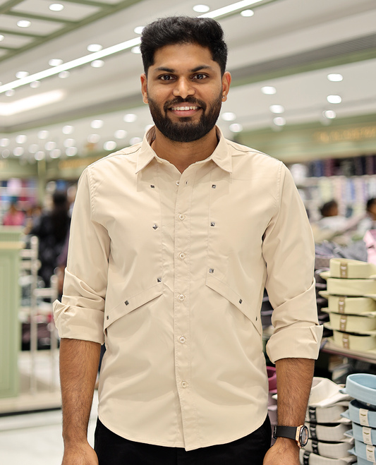 Cream Cotton-Blended Casual Shirt Features Life-Quotes Backprint, Full-Sleeves, a Spread Collar, a Regular Fit, and a Regular Length