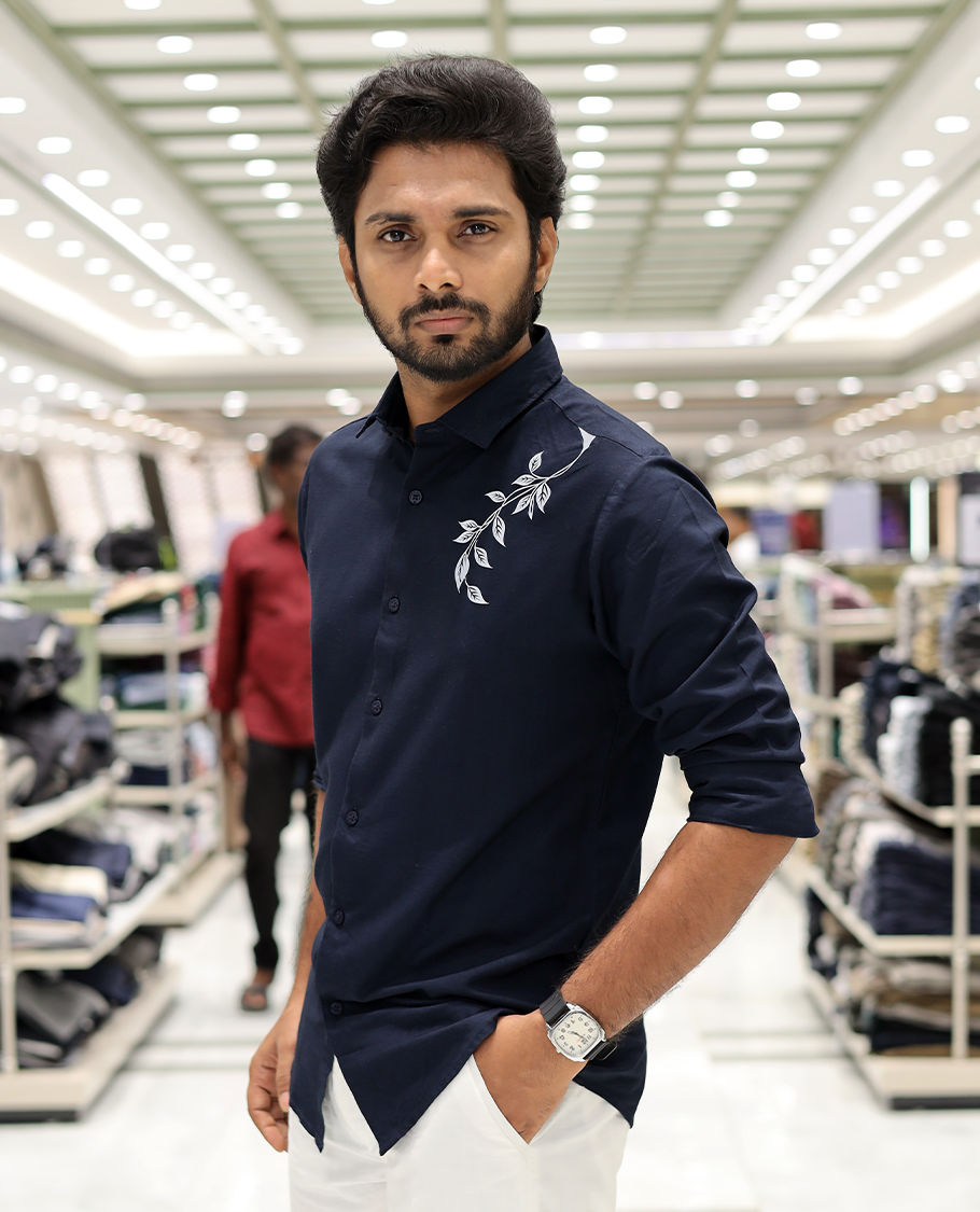 Navy Cotton-Blended Party Wear Shirt, Comes with Floral Print, Full Sleeves, a Spread Collar, a Slim Fit, and Regular Length