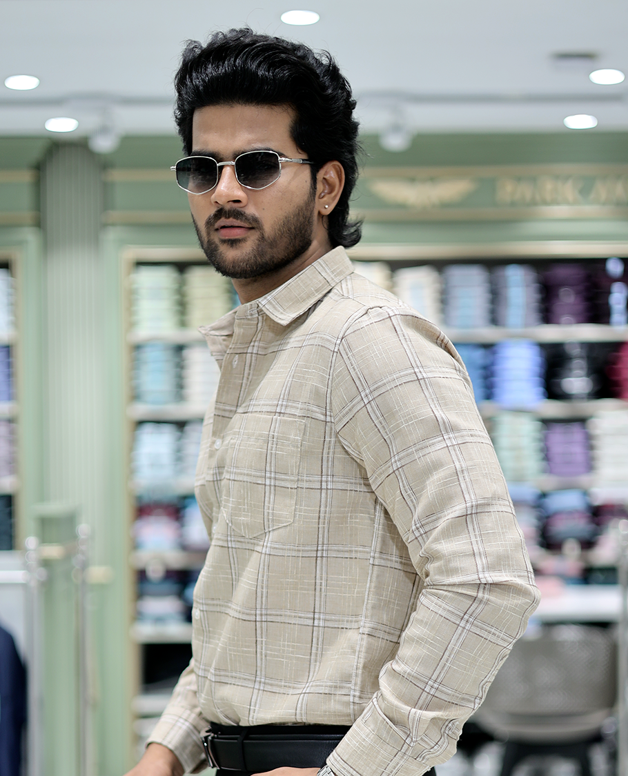 Beige Checked Cotton Casual Shirt