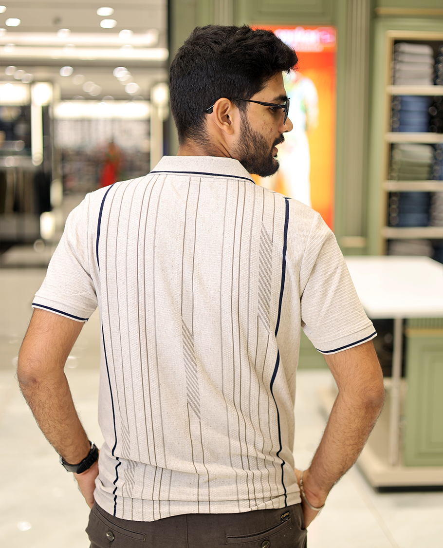Cream Striped Cotton-Blended T-Shirt Comes with Half-Sleeves, a Polo Neck, a Slim Fit, and Regular Length